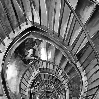 Black and white wallpaper featuring a top-down view of the ZEITZ 10 spiral staircase with metal railings, showcasing swirling, hypnotic patterns. The eye is drawn to the center; a few people appear as small silhouettes walking up and down. High contrast, bold lines, spiraling geometry, grayscale tones.
