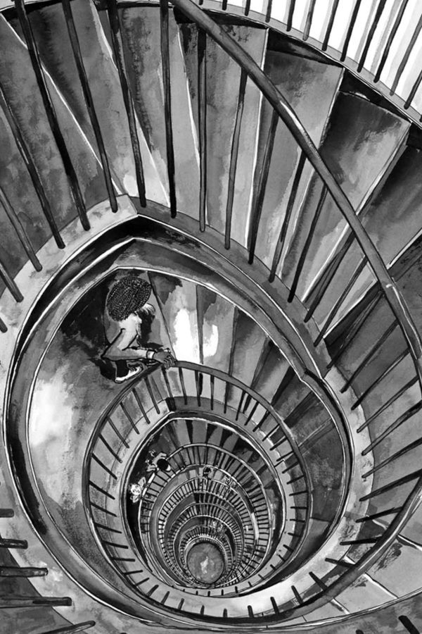 Black and white wallpaper featuring a top-down view of the ZEITZ 10 spiral staircase with metal railings, showcasing swirling, hypnotic patterns. The eye is drawn to the center; a few people appear as small silhouettes walking up and down. High contrast, bold lines, spiraling geometry, grayscale tones.