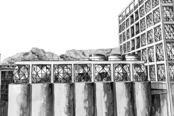 Black and white wallpaper: industrial silos with geometric-patterned glass windows, adjacent modern building, faint mountain outlines in background; contrasting blacks, whites, and grays define sharp architectural forms and intricate window patterns.