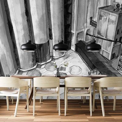 Large black-and-white industrial mural wallpaper featuring silos, factory buildings, tall chimneys, and metal structures; monochrome color palette with high contrast architectural details.