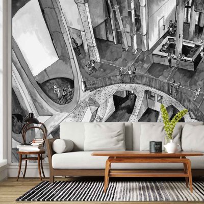 Black-and-white cityscape mural wallpaper featuring detailed architectural elements and busy street scenes; includes buildings, windows, street lamps, cars, and pedestrians—all rendered in high-contrast black and white.
