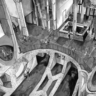Wallpaper elements: black and white; modern abstract architecture; high ceilings; curved walkways; large rounded structures; people in silhouette near railings and information desk. Colors: only black, white, shades of gray.