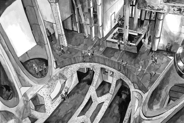Wallpaper elements: black and white; modern abstract architecture; high ceilings; curved walkways; large rounded structures; people in silhouette near railings and information desk. Colors: only black, white, shades of gray.
