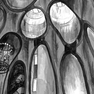 Wallpaper features: monochrome palette; black and white pattern. Design echoes tall, arched shapes and sweeping curves, mirroring cavernous interior. Spiral motifs align with balcony forms. Circular elements reflect skylights; streams of light suggested by fine, radiating lines. Elements: arches, spirals, circles—bold black outlines on white background; strong geometric contrasts throughout wallpaper design.