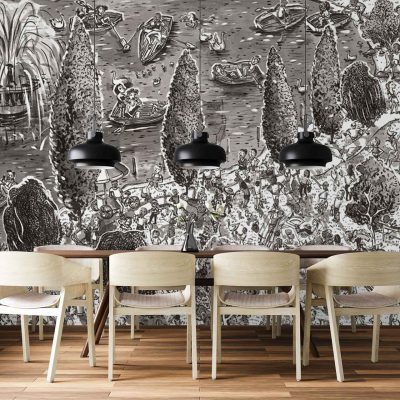 Black-and-white mural wallpaper featuring intricate scenes of people boating and gathering near water, surrounded by detailed trees; monochrome palette with fine linework.