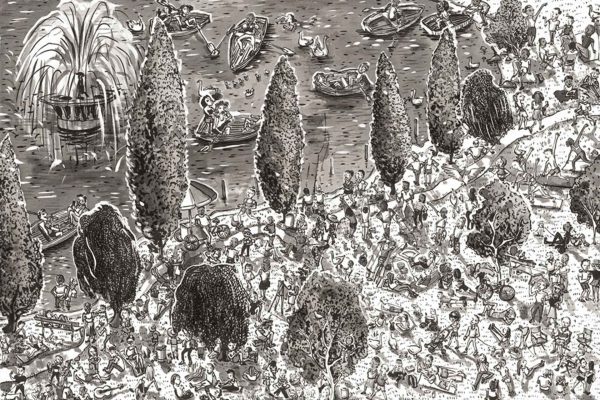 Black-and-white wallpaper; intricate line art; crowded park scene; people engaging in activities (walking, picnicking, playing); boats on lake; tall leafy trees; large ornate fountain in background; urban outdoors theme. No colors—monochrome palette, high contrast, detailed illustration.