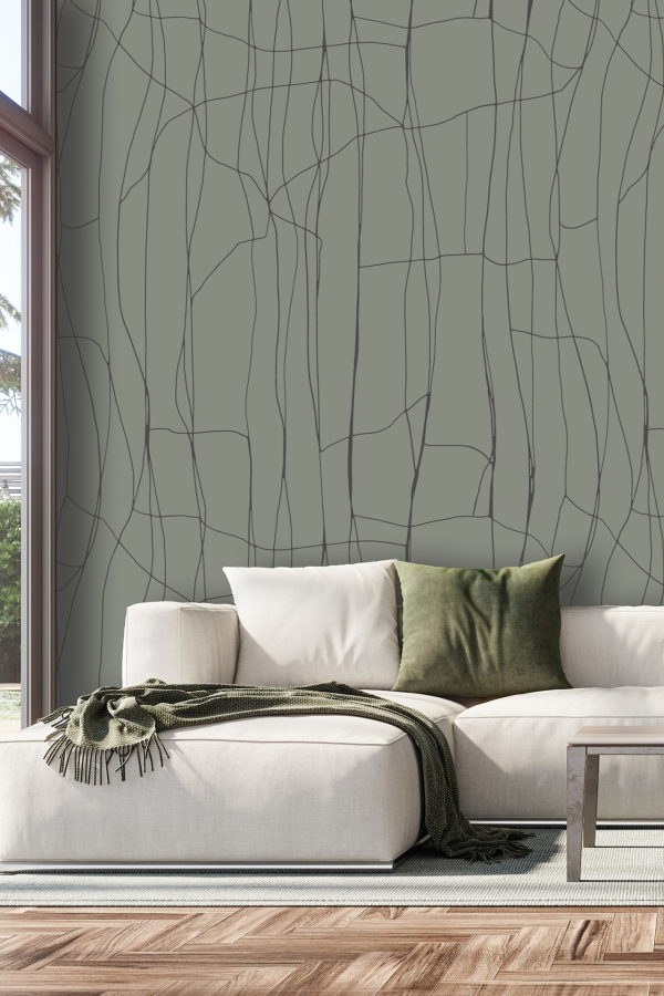 Gray wallpaper with an abstract black line pattern—features swirling, irregular black lines on a matte gray background. Modern, minimalist design; neutral gray tones contrasted by bold black graphic lines.