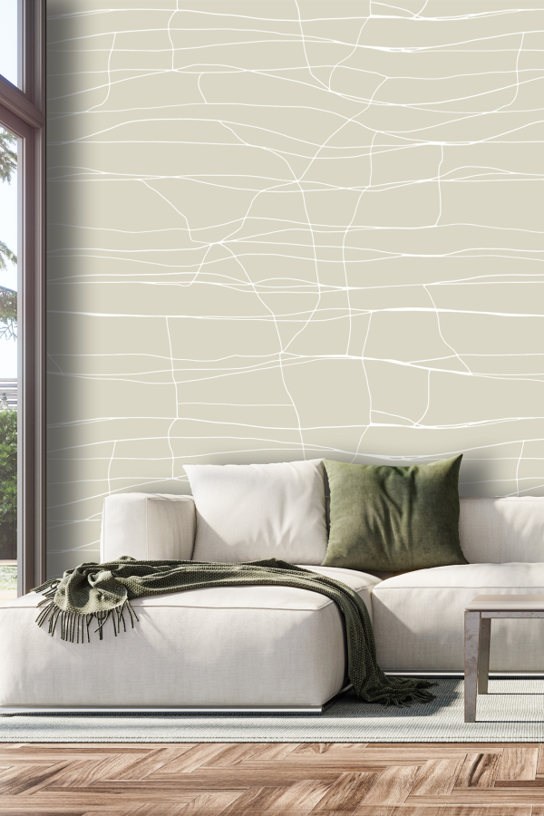Abstract wallpaper featuring beige and white line designs, inspired by delicate saree patterns. The pattern consists of flowing, intertwined lines in soft beige and crisp white tones, creating an elegant, modern backdrop.