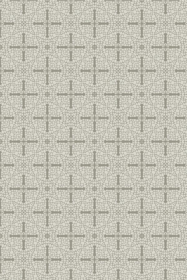 Wallpaper features: repeating geometric pattern with intersecting light gray lines forming plus signs; overlaid on a mosaic of small, irregular, coffee bean-like shapes. Color palette is subtle and muted—includes soft taupe, beige, gray, and dusty brown tones.