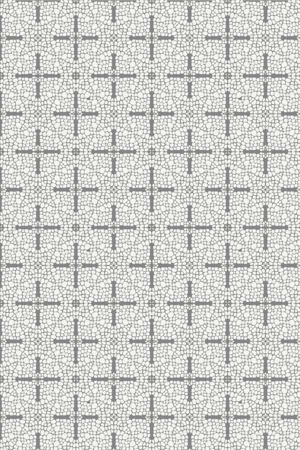 Wallpaper features a repeating geometric pattern with intersecting gray grid lines forming plus signs, echoing coffee bean shapes. The background consists of irregular, mosaic-like forms in white and various shades of gray. Colors: gray, white. Elements: grid, plus signs, mosaic shapes, coffee bean motifs.