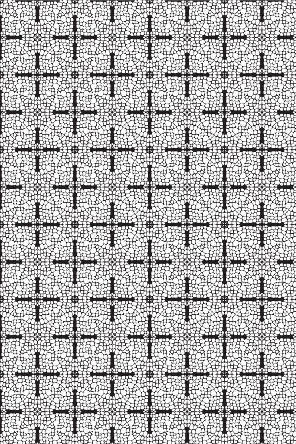 Seamless black and white geometric wallpaper featuring intersecting lines forming plus signs, overlaid on an irregular mosaic background of coffee bean-shaped forms. Elements: plus signs, intersecting lines, coffee bean-like shapes. Colors: black, white.