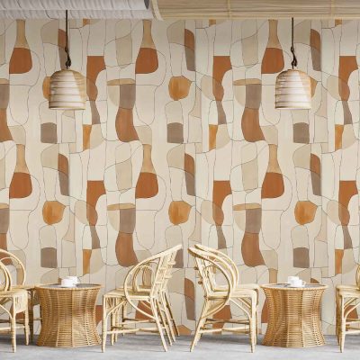 Abstract mid-century modern wallpaper in beige, brown, and tan tones; features organic shapes and geometric forms. Bold, repeating patterns with curves and lines evoke 1950s style. Warm neutral color palette dominates the design.