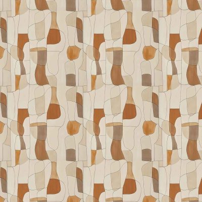 Seamless abstract wallpaper featuring overlapping organic shapes outlined by thin, curving lines. Palette includes cream, beige, brown, and rust tones. Design evokes an adrift, retro mid-century modern aesthetic with softly contoured forms and warm neutral colors. Ideal for stylish vintage-inspired interiors.