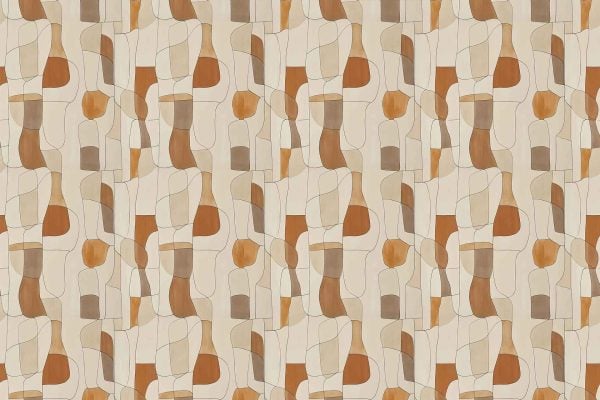 Seamless abstract wallpaper featuring overlapping organic shapes outlined by thin, curving lines. Palette includes cream, beige, brown, and rust tones. Design evokes an adrift, retro mid-century modern aesthetic with softly contoured forms and warm neutral colors. Ideal for stylish vintage-inspired interiors.