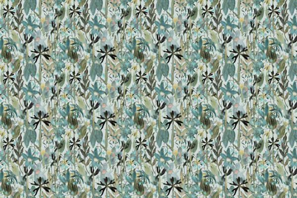 Seamless wallpaper pattern featuring densely arranged watercolor-style leaves and flowers in green, blue, black, and beige tones. Botanical elements include layered foliage and delicate florals for a lush natural look. Keywords: watercolor botanical, green blue beige black leaves, floral wallpaper, dense foliage pattern.