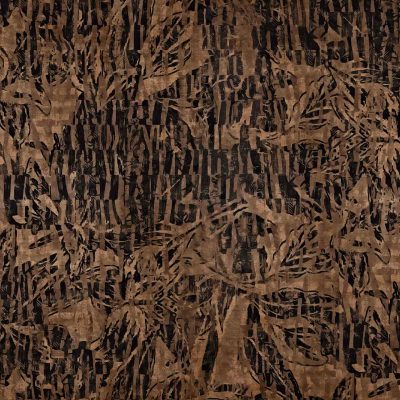 Abstract wallpaper featuring a brown and black textured pattern with layered, organic shapes and intersecting lines. The distressed, camouflage-like design uses varying shades of brown, deep blacks, and hints of beige, creating visual depth and a rugged appearance.