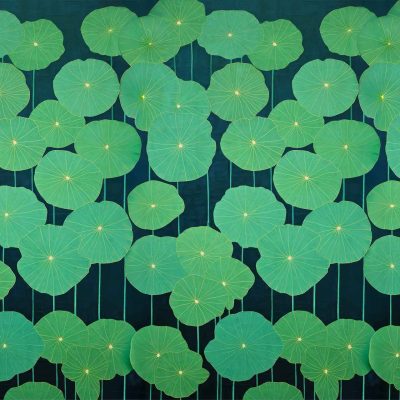 Vibrant green lotus leaves, visible veins, overlapping arrangement, thin connecting stems, dark blue background, nature-inspired wallpaper.