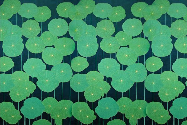Vibrant green lotus leaves, visible veins, overlapping arrangement, thin connecting stems, dark blue background, nature-inspired wallpaper.
