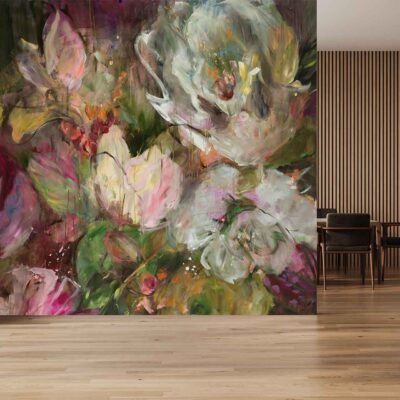 Abstract floral wallpaper featuring large pink, white, green, and brown flowers. Bold, colorful mural design with expressive brushstrokes and botanical elements. Modern style with vibrant flower patterns as a striking wall art centerpiece.