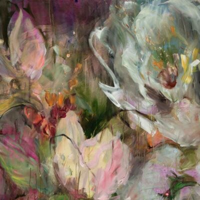 Wallpaper features large abstract flowers in soft white, pink, and purple shades with swirling brushstrokes. The design has blurred edges and dreamy, impressionistic style, creating an enchanting floral garden effect. Whites, blush pinks, lavenders, mauves dominate the palette with flowing painterly textures.