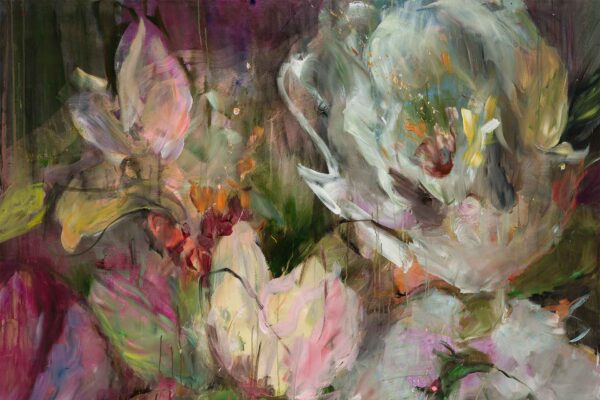 Wallpaper features large abstract flowers in soft white, pink, and purple shades with swirling brushstrokes. The design has blurred edges and dreamy, impressionistic style, creating an enchanting floral garden effect. Whites, blush pinks, lavenders, mauves dominate the palette with flowing painterly textures.