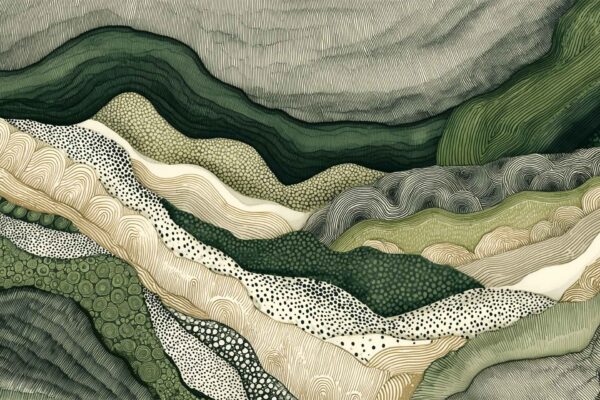 Abstract wallpaper featuring layered, wavy bands in green, beige, and cream tones. Intricate patterns of dots, lines, and swirls add texture and depth, evoking a soft landscape effect. Design emphasizes organic curves and harmonious earth colors for a serene backdrop.