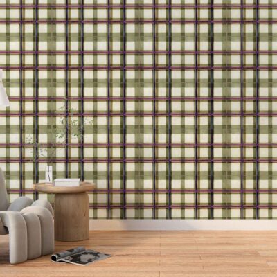 Plaid-patterned wallpaper featuring intersecting lines and checks in beige, green, and purple tones. The design blends subtle earth hues with muted purples for a modern yet classic backdrop.