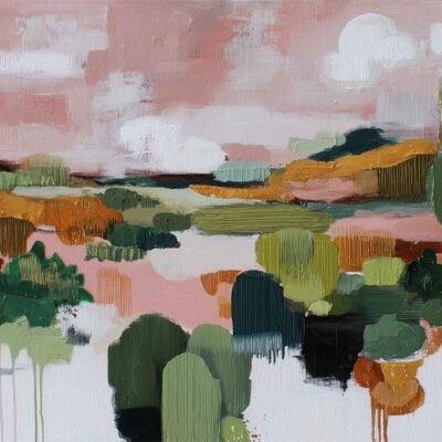 Abstract landscape wallpaper features broad, textured brushstrokes depicting green trees and shrubs with orange-brown hills reflected in calm water. The dreamy, modern design is set beneath a pink and white sky. Colors include greens, oranges, browns, soft pinks, and whites. Ideal for those seeking a contemporary nature-inspired wall design.