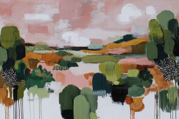 Abstract landscape wallpaper features broad, textured brushstrokes depicting green trees and shrubs with orange-brown hills reflected in calm water. The dreamy, modern design is set beneath a pink and white sky. Colors include greens, oranges, browns, soft pinks, and whites. Ideal for those seeking a contemporary nature-inspired wall design.