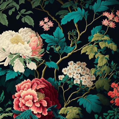 A detailed, vibrant floral wallpaper featuring large red, pink, white, and orange peonies surrounded by small blossoms and lush green leaves on a deep dark background. The botanical scene is rich in color contrast with vivid florals and foliage—softly overlaid with the phrase “Call Me First.”.