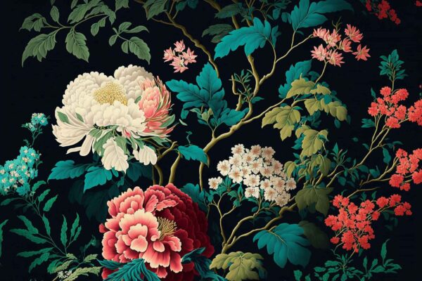 A detailed, vibrant floral wallpaper featuring large red, pink, white, and orange peonies surrounded by small blossoms and lush green leaves on a deep dark background. The botanical scene is rich in color contrast with vivid florals and foliage—softly overlaid with the phrase “Call Me First.”.