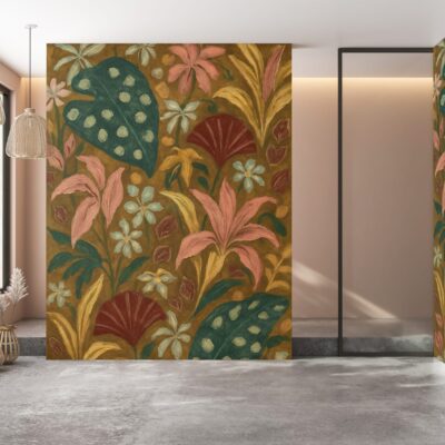 Wallpaper features a bold, tropical floral mural with lush green leaves, vivid pink and yellow hibiscus flowers, red exotic blooms, and intricate foliage. The colorful design includes layered botanicals in vibrant shades of green, pink, yellow, and red on a large-scale pattern.