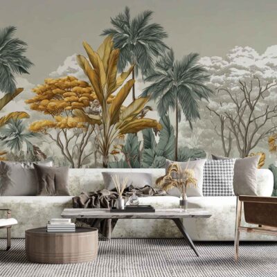 Tropical-themed wallpaper featuring palm trees, large botanical leaves, and dense foliage in muted green, gold, and gray tones. Subtle blending of leaf patterns; soft watercolor effect. Colors: sage green, olive, antique gold, pewter gray. Elements: tropical palms, banana leaves, jungle plants. Style: modern tropical mural with understated elegance.