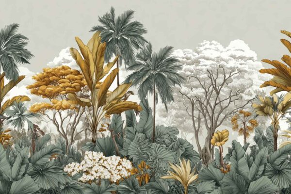 Wallpaper features a tropical jungle scene with lush green, yellow, and white foliage. Elements include palm trees, broad green leaves, and flowering plants in vibrant yellow and white hues. Background is pale and neutral to highlight the vivid botanical elements surrounding a stylized Golden Villa motif.