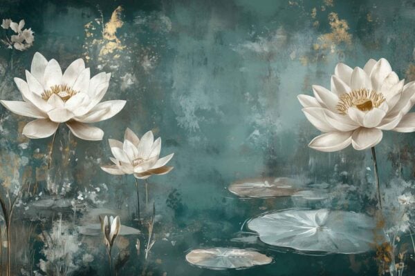 Wallpaper features large white water lily blooms and broad green lily pads floating on a serene blue-green pond. Accented with subtle gold detailing and soft, watercolor-like textures throughout. Elements: white flowers, green leaves, aquatic plants, blue-green background, gold highlights, watercolor wash.