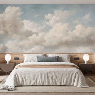 Dreamy mural wallpaper featuring fluffy white clouds floating in a serene blue sky. Elements include soft, billowy clouds, smooth gradient shades of light to medium blue, and a tranquil, airy atmosphere. Ideal for search terms like