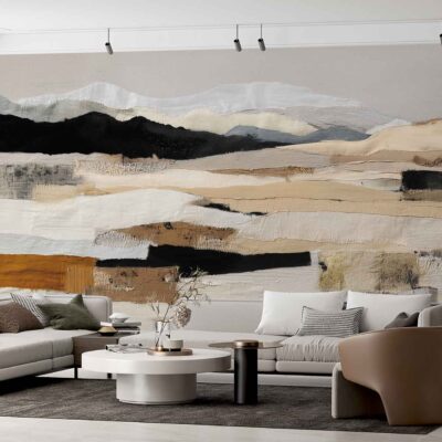 Large abstract mural wallpaper featuring earthy tones—warm taupe, clay, ochre, terracotta, and muted greens—with textured patterns evoking a natural landscape. Organic shapes and soft gradients blend seamlessly to create depth. The mural’s layered design mimics mountains and terrain in an understated yet eye-catching style.