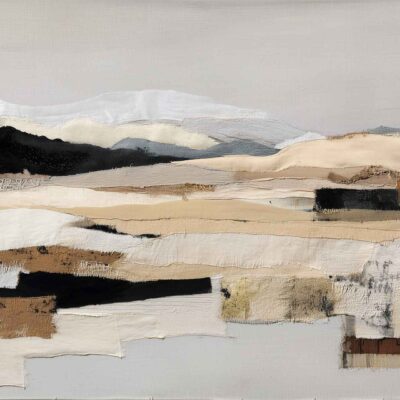 Neutral-toned abstract landscape wallpaper featuring textured layers of fabric and materials. Design shows rolling hills and mountains in beige, cream, white, brown, and black under a pale sky. Elements include textile textures, soft gradients, and organic shapes for a calming, modern feel.