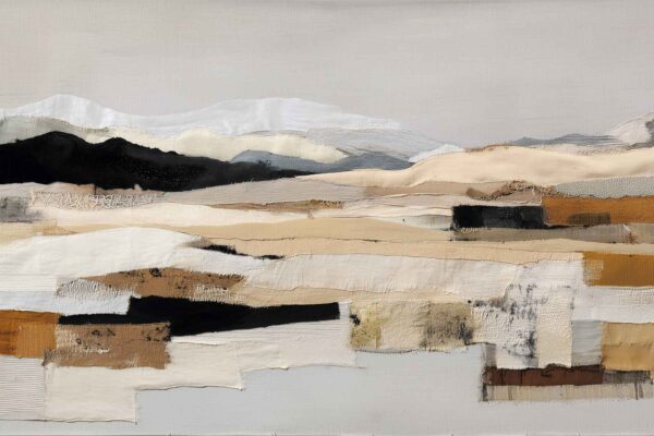 Neutral-toned abstract landscape wallpaper featuring textured layers of fabric and materials. Design shows rolling hills and mountains in beige, cream, white, brown, and black under a pale sky. Elements include textile textures, soft gradients, and organic shapes for a calming, modern feel.