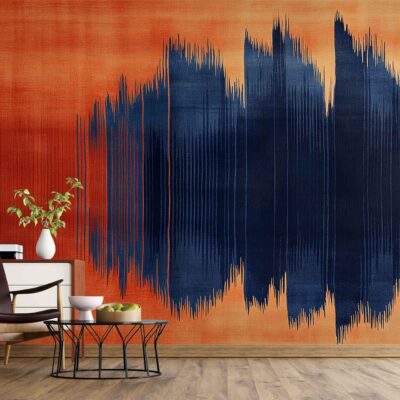 Reddish-orange wallpaper adorned with a striking large-scale abstract blue soundwave pattern; bold contrast between the vibrant warm base and cool blue wave elements creates a dynamic, contemporary focal point.