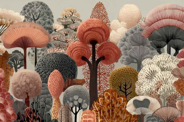 Abstract forest wallpaper featuring stylized trees in shades of orange, red, gray, beige, and brown. Intricate patterns and textures decorate foliage and trunks. Light background enhances vivid tree silhouettes. Elements include abstract leaves, patterned bark, geometric shapes, layered textures. Ideal for modern wall decor or feature backgrounds.