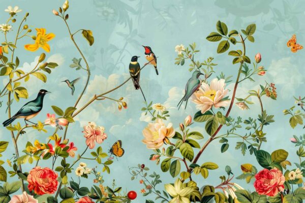 Colorful wallpaper features vibrant birds perched on flowering branches, surrounded by bright pink and white blossoms, lush green leaves, and delicate butterflies. Soft blue background with subtle white clouds adds a dreamy spring atmosphere. Elements include birds, flowers, leaves, butterflies; dominant colors are blue, green, pink, white, yellow. Perfect for "Spring Awakening" themes.