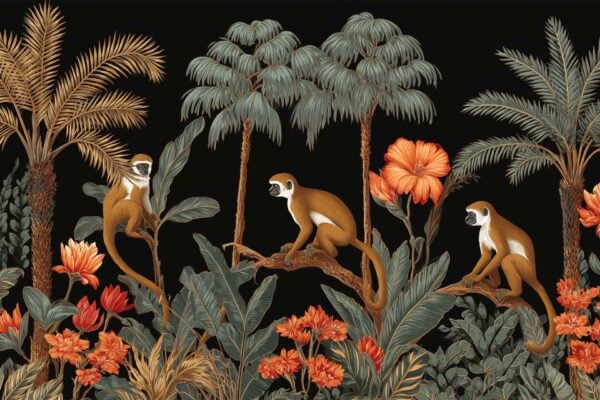 Wallpaper illustration features: three playful monkeys on tree branches, lush green tropical plants, tall palm trees, vibrant orange flowers, all set against a solid black background. Elements include detailed monkey figures, abundant greenery with various shades of green leaves, clusters of bold orange blooms for contrast, and a dramatic dark backdrop highlighting the lively colors.
