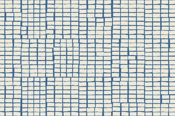 Wallpaper features uneven, hand-drawn blue lines on a white background, forming irregular rectangles and squares. Abstract, textured grid pattern in blue and white.