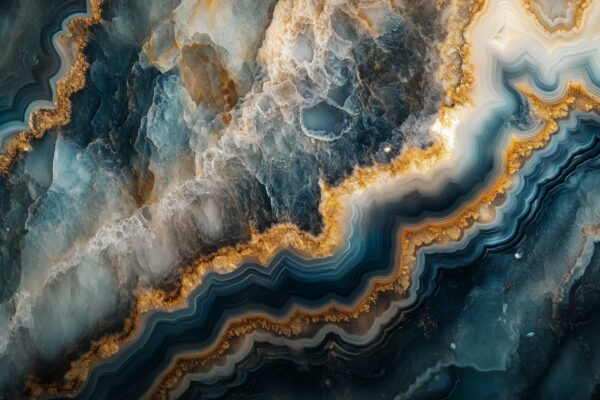 Abstract wallpaper featuring layered blue, white, and gold mineral patterns resembling Blue Cut Stone or marble. Swirling textures and jagged lines create a natural, organic look with prominent deep blue veins, shimmering gold accents, and crisp white highlights for an elegant stone effect.