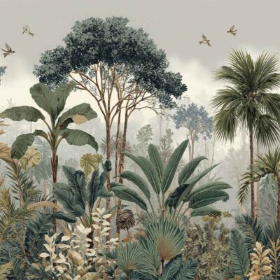Lush tropical forest wallpaper; various trees; large leafy plants; tall palm trees; dense green foliage; vibrant greens and deep blues; misty sky backdrop; distant birds soaring above treetops; detailed leaves and textured bark.