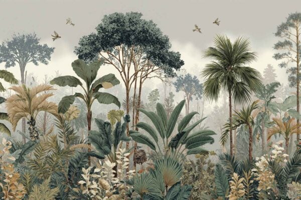 Lush tropical forest wallpaper; various trees; large leafy plants; tall palm trees; dense green foliage; vibrant greens and deep blues; misty sky backdrop; distant birds soaring above treetops; detailed leaves and textured bark.