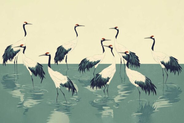 Wallpaper features: nine stylized red-crowned cranes with distinct black and white plumage, standing in shallow, mirror-like reflective water. The scene is set beneath a pale or light-toned sky. Colors include shades of white, black, red accents (on crane crowns), and soft blues or grays for water and sky. Composition echoes Heron Convention style; minimalistic, elegant silhouettes; serene atmosphere; focus on nature and reflection.