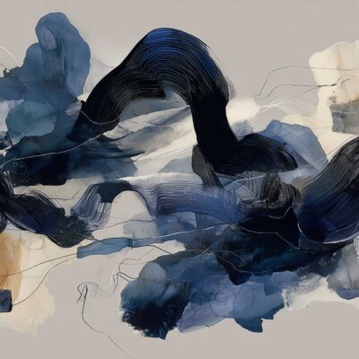 Abstract wallpaper featuring flowing, swirling shapes in dark navy and black, accented by watercolor-like patches of beige, blue, and gray. Set on a light background, the design evokes dynamic movement with an interstellar feel. Fluid composition highlights rich contrasts and layered color blending.