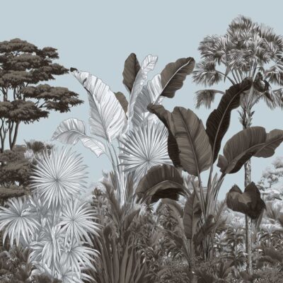 Wallpaper illustration features: dense tropical jungle, various tree silhouettes, large-leafed plants, layering of foliage. Dominant shades: gray and black for plants and trees, light blue sky background.